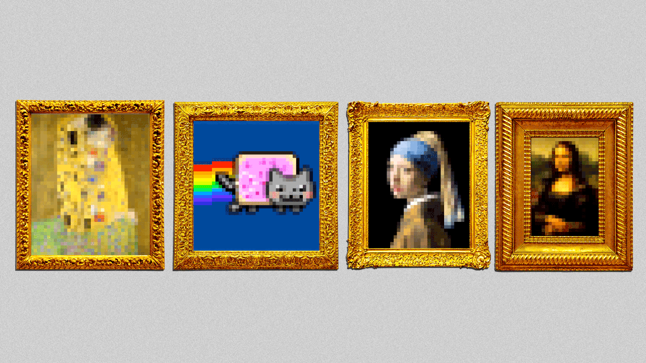 4 gold photo frames with different images inside. One is a animated cyan cat and the rest are traditional works of art