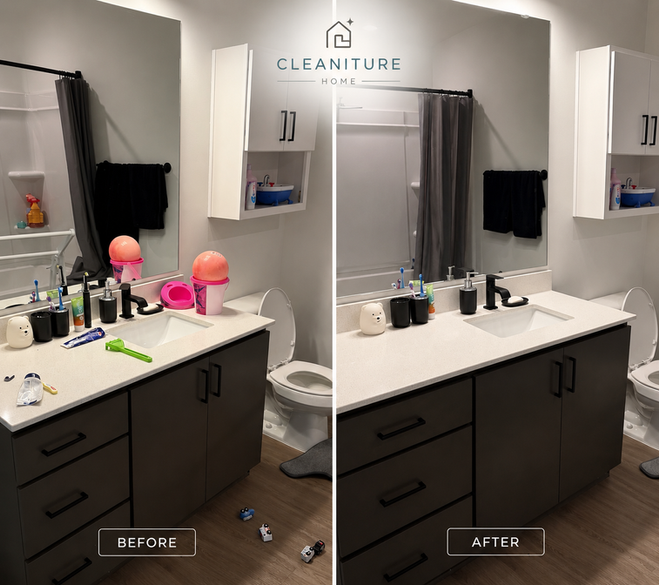 Bathroom vanity before and after tidying and cleaning