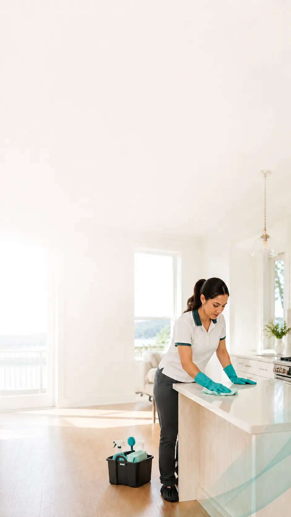 Professional cleaner wiping a kitchen countertop
