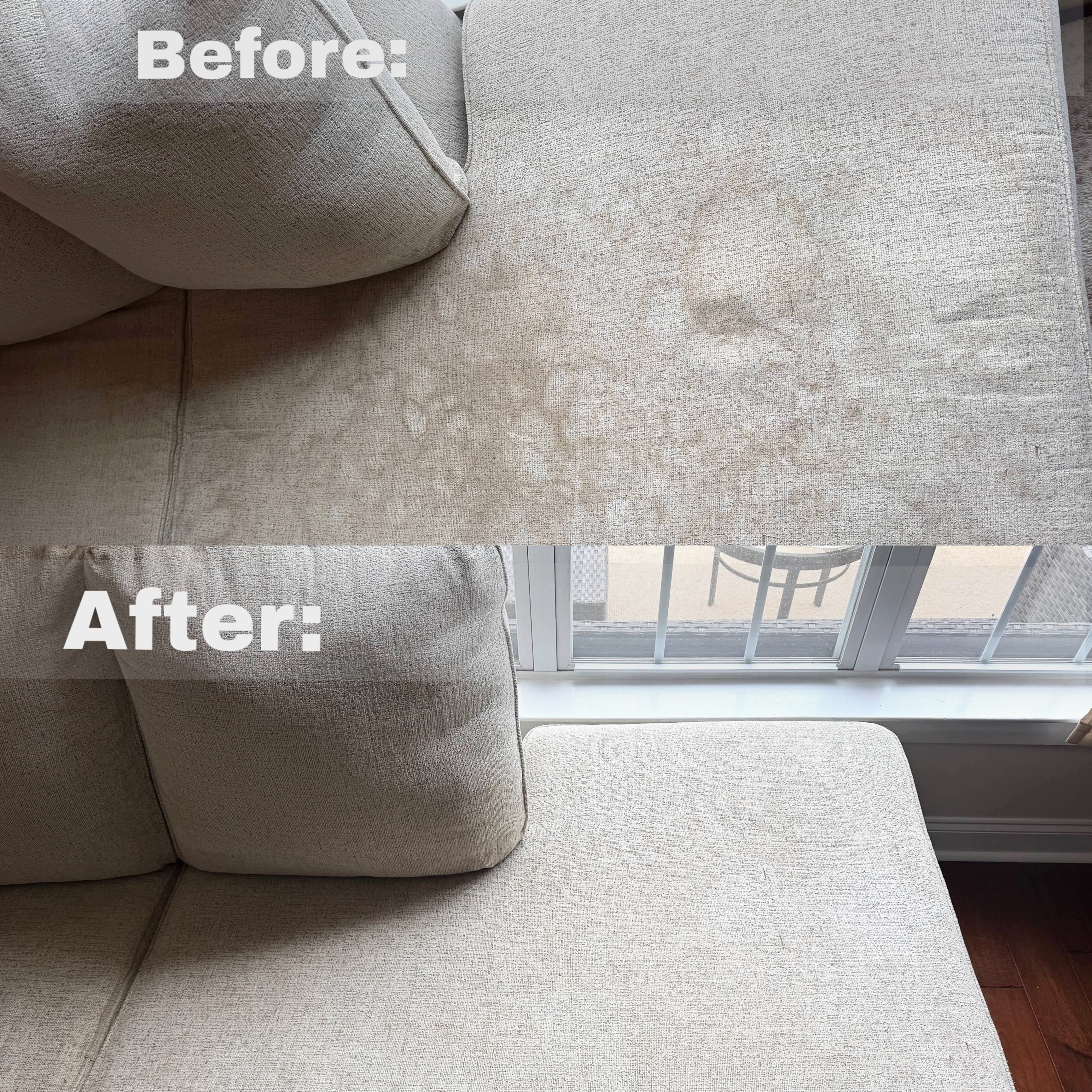 Before and after upholstery cleaning in Cornelius NC on a tan sofa