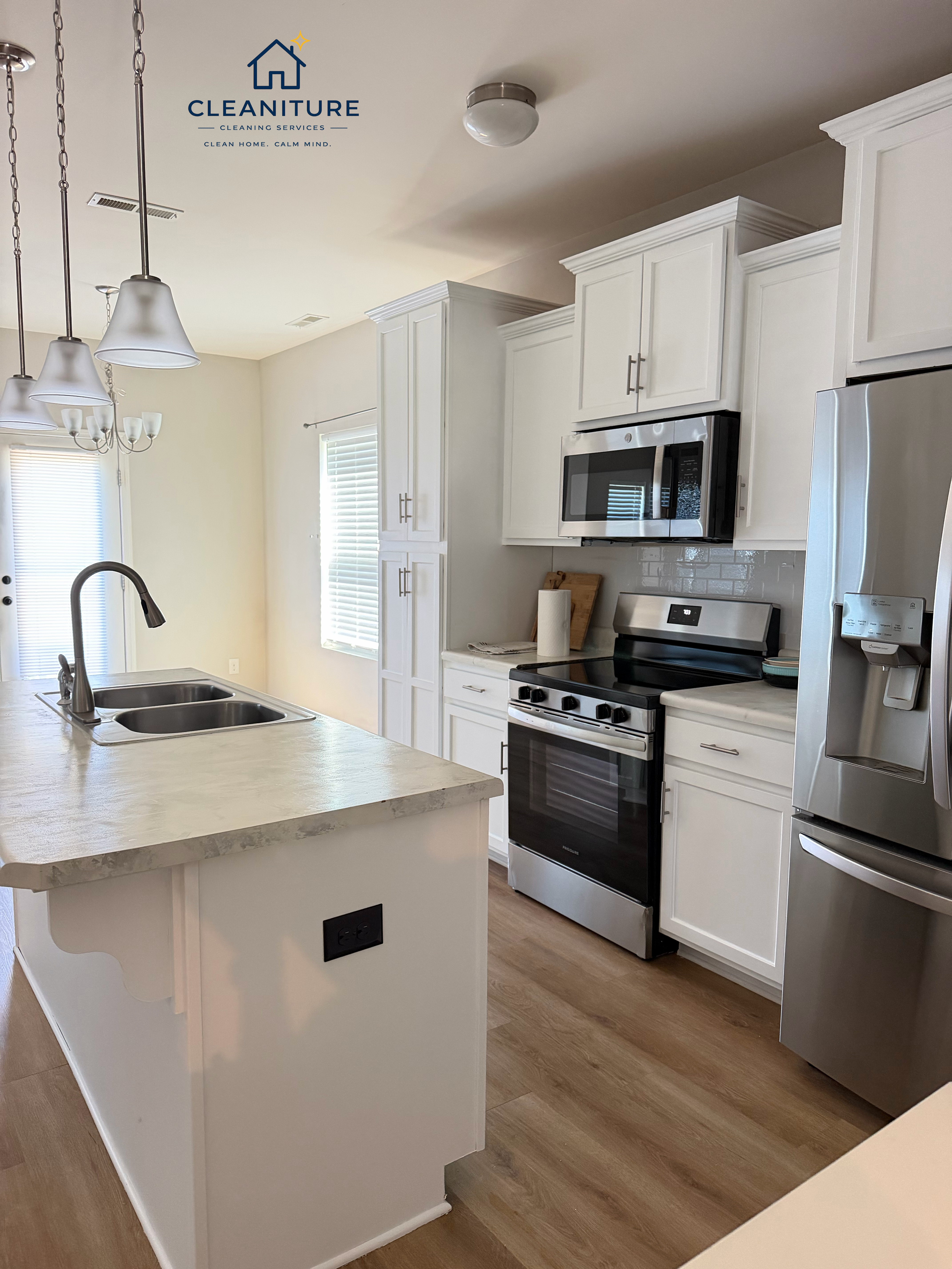 Cleaniture cleaning services in modern white kitchen in Charlotte, NC