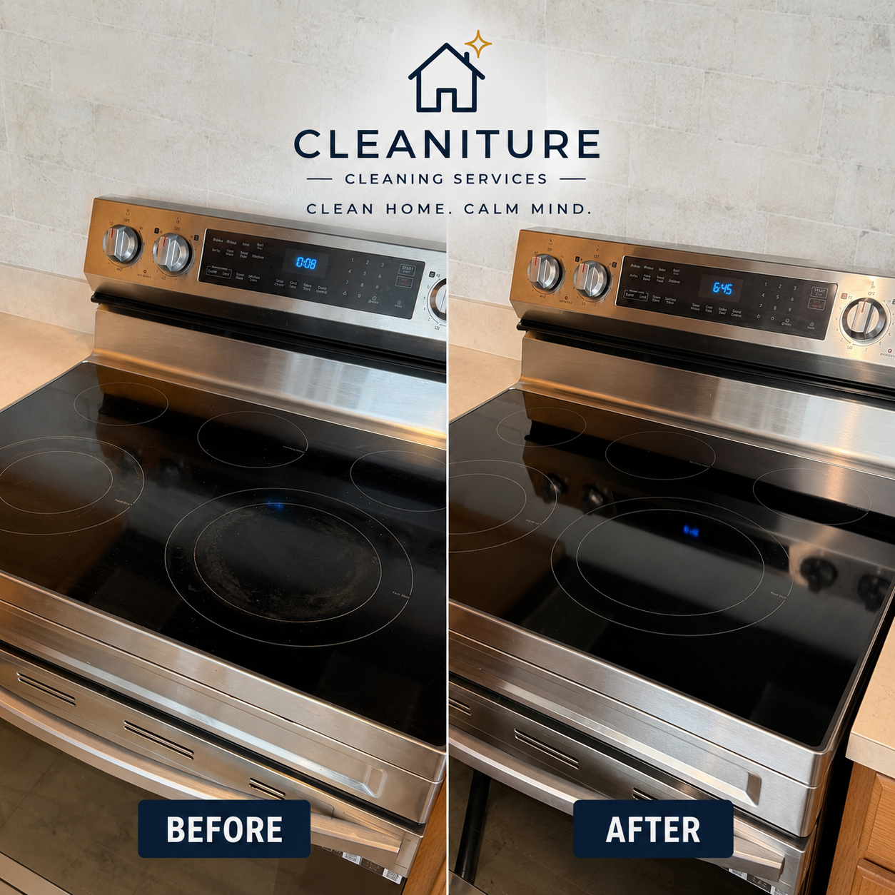 Before and after house cleaning in Charlotte NC of a stovetop