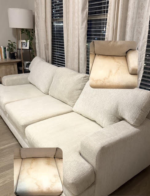 Before and after cleaning a stained beige fabric couch in Cornelius, NC