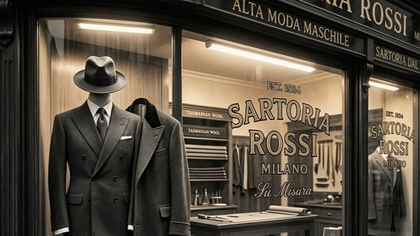 Tailor shop window with mannequin in fedora and dark suit, coat draped behind, showing Sartoria Rossi Milano, Est. 1834.