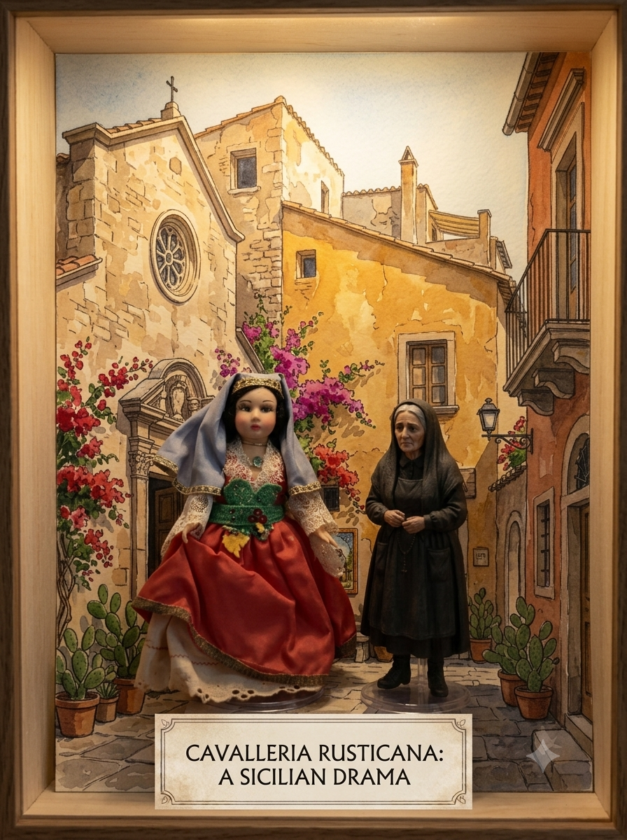A vintage italian doll on a stage backdrop evocatingaa Sicilan village