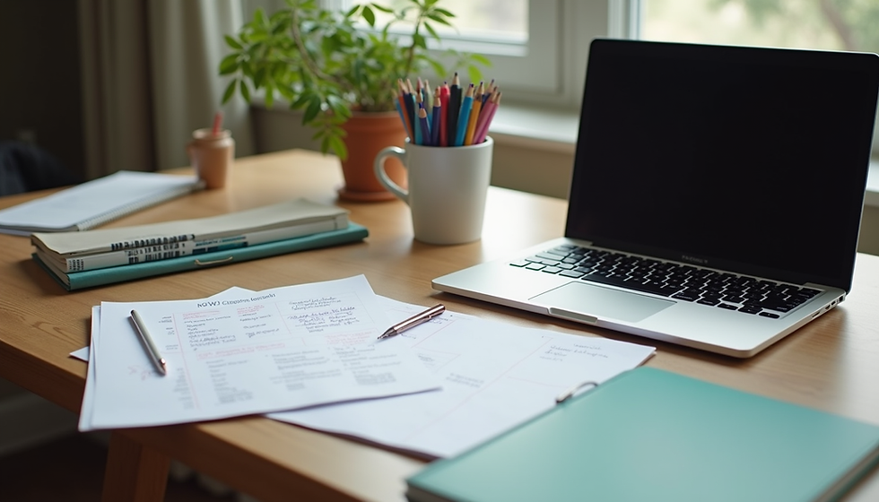 A tidy study setup featuring an open laptop, colorful pencils in a mug, notebooks, and neatly organized papers on a wooden desk by the window, enhanced by a potted plant, creating a productive and inviting workspace.