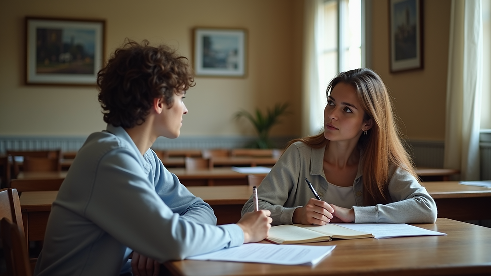 Eye-level view of a tutor and student engaged in an Italian lesson