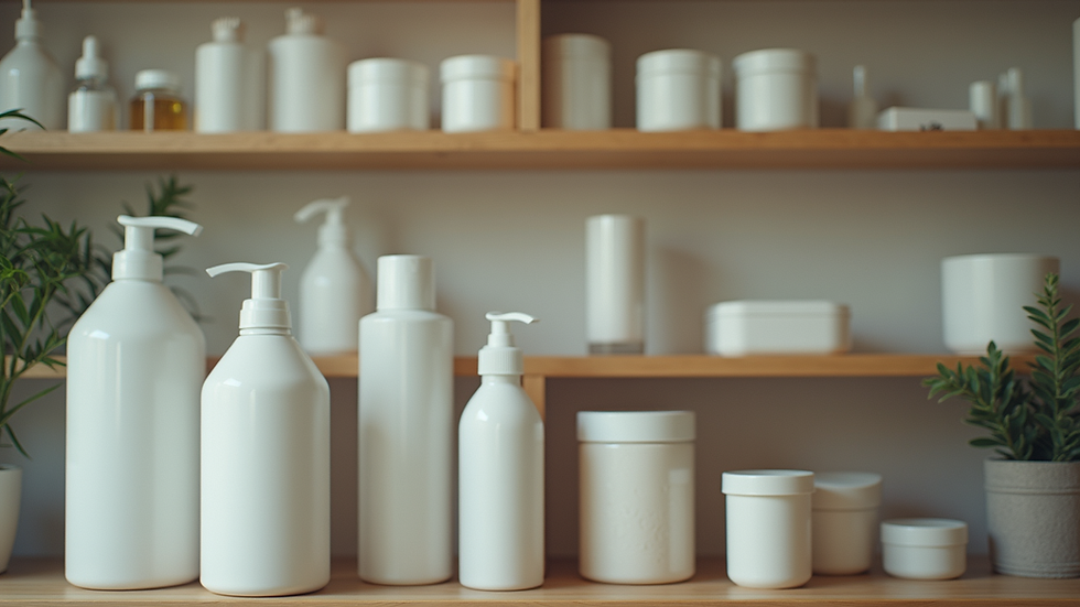 Eye-level view of a neatly organized shelf with various household products