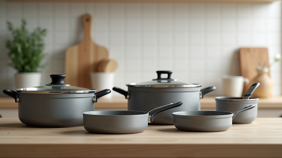 Eye-level view of a kitchen countertop with multi-purpose cookware and storage containers