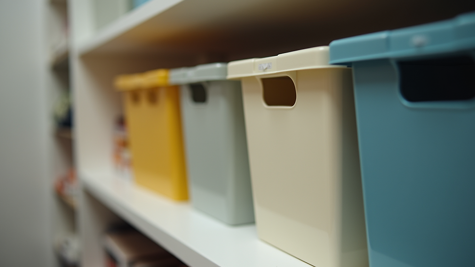 Close-up view of stackable storage bins neatly organized in a closet