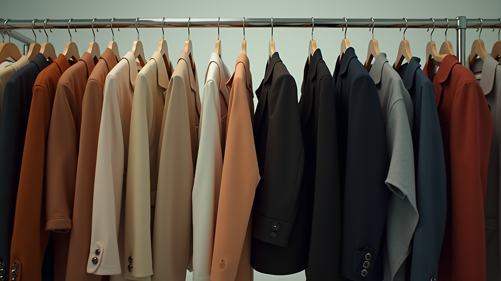 Eye-level view of a clothing rack featuring oversized blazers and wide-leg pants