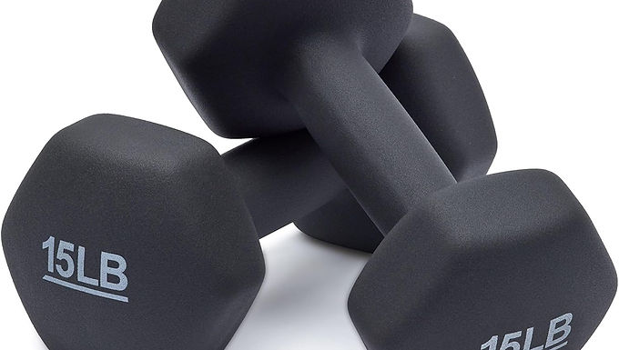 Shop 15 lb neoprene dumbbells with a non-slip grip and hex design for safe, effective home workouts. Perfect for strength training, toning, and full-body fitness routines.