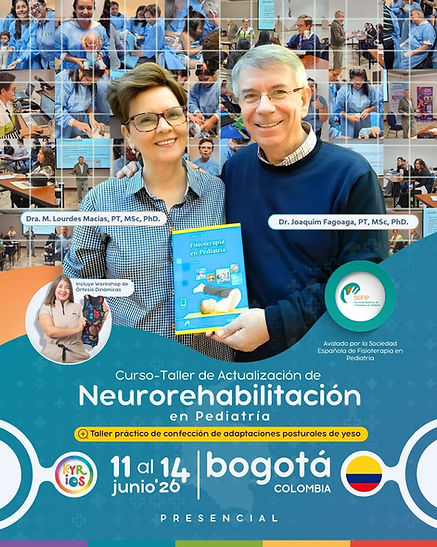 Lourdes Macías, Joaquin Fagoaga y Claudia Gutierrez en portada de curso Neurorehabilitación en Pediatría – Bogotá 2026