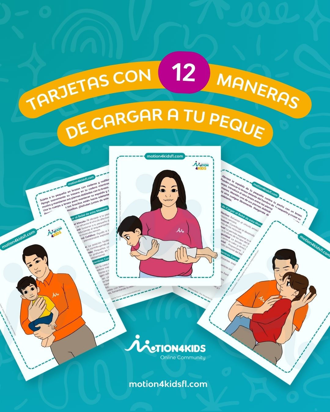 Tarjetas con 12 maneras de cargar a tu peque.