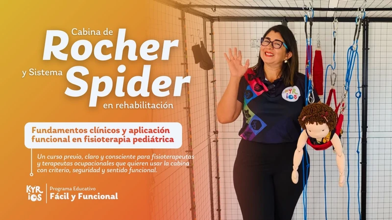 Fisioterapeuta trabajando con niño en Cabina de Rocher utilizando el Sistema SPIDER como apoyo terap