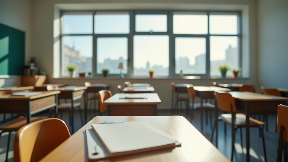 Eye-level view of a classroom with organized desks and learning materials