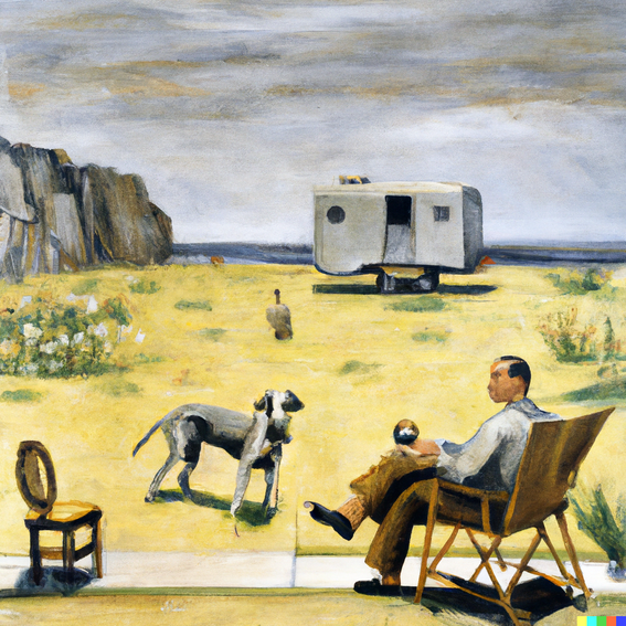 DALL·E 2023-01-15 19.32.03 - a painting by Diego Rivera depicting a man siting in a foldab