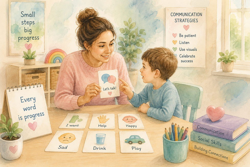 Parent helping their autistic child learn through everyday communication during a calm family routine.