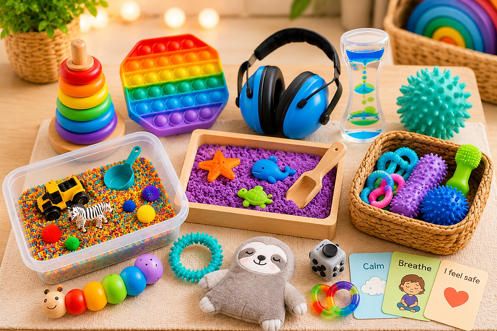 Collection of sensory toys including fidget toys, sensory balls, chew necklace, weighted blanket, pop-it toy, kinetic sand, and sensory play materials for autistic children.