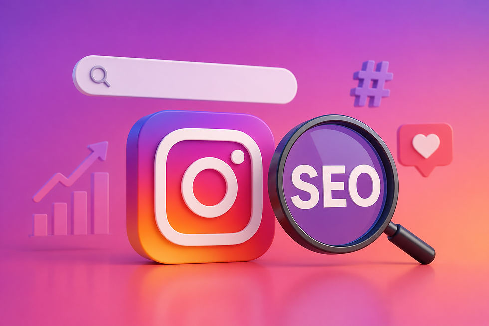 Instagram logo and magnifying glass with "SEO" on a colorful gradient background. Includes search bar, hashtag, chart, and heart icons.