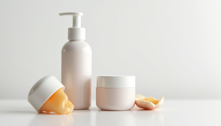 Close-up view of a skincare set with cleanser, moisturizer, and sunscreen on a white surface