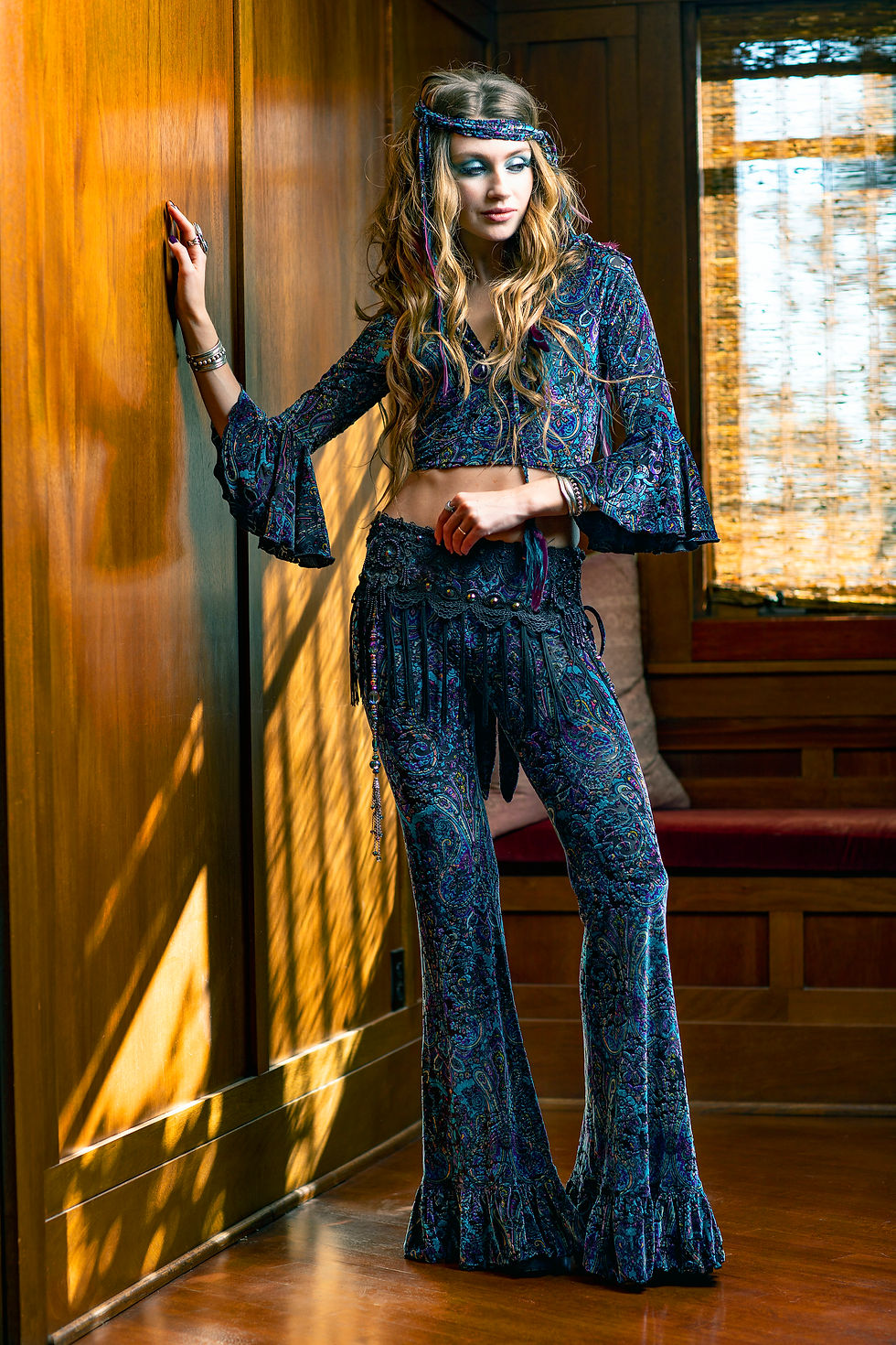 Thumbnail: Delilah Ruffled Bell Bottoms - Blue Paisley