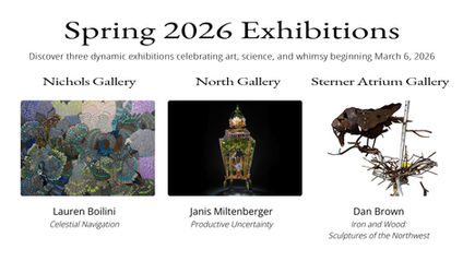 Header image showing three Spring 2026 exhibitions at the San Juan Islands Museum of Art: Lauren Boilini’s colorful swirling bird and insect painting in the Nichols Gallery, Janis Miltenberger’s intricate glass sculpture in the North Gallery, and Dan Brown’s metal bird sculpture perched on branches in the Atrium Gallery.