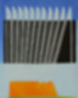 Abstract oil painting on panel with blue background in the upper third, a black square with vertical sword-like structures running through it from an orange rectangle in the bottom third.