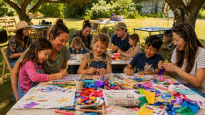 Families and children creating art together at outdoor tables in the orchard at SJIMA, surrounded by colorful craft materials, for Family Art Days on San Juan Island.