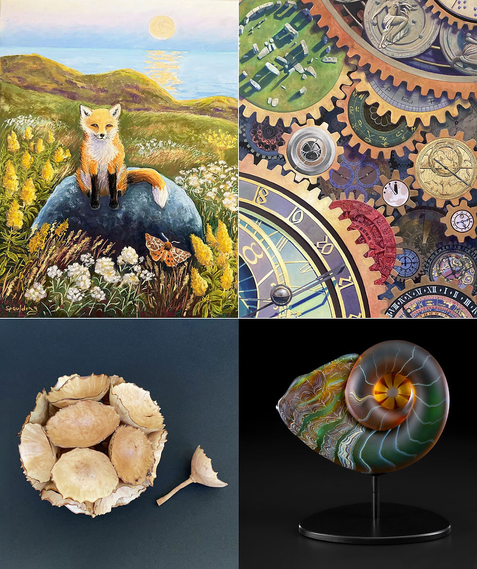 A four-panel collage showcasing works from the upcoming SJIMA 2025–26 Artists’ Registry Show. Top left: “Moonlight Encounter” by Nancy Spaulding (San Juan Island), depicting a fox sitting on a boulder amid wildflowers, with rolling hills and a glowing moon reflected on the sea. Top right: “A Matter of Time” by Bryn Barnard (Lopez Island), featuring an intricate arrangement of interlocking gears overlaid with astronomical symbols and historical imagery. Bottom left: “Umbel Floret II” by Diana Friend (Stuart Island), showing a delicate, bowl-like natural form composed of pale, textured seed pods. Bottom right: “Tidepool” by Kelly O’Dell (Lopez Island), a luminous glass sculpture resembling a spiraling nautilus shell with swirling layers of green, amber, and blue, displayed on a black stand.