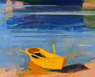 Painting of a yellow dinghy with oars on the beach.