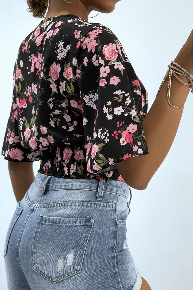 Miniature : CACHE-COEUR CROP TOP NOIR À FLEURS ET MANCHES LARGES