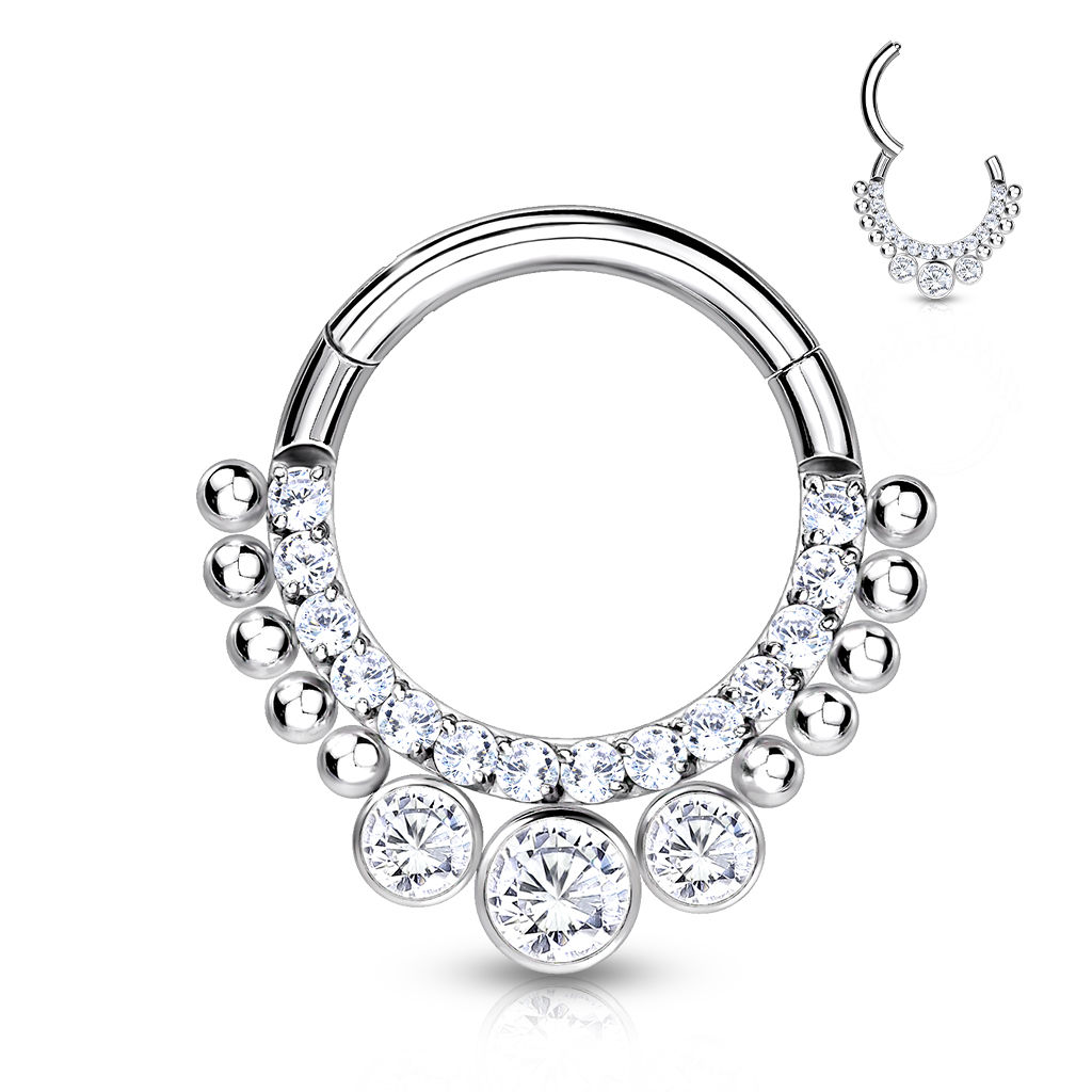 Hinged Segment Hoop Ring With CNC Set Pave CZ Lined Front and 3 Bezel Set CZs