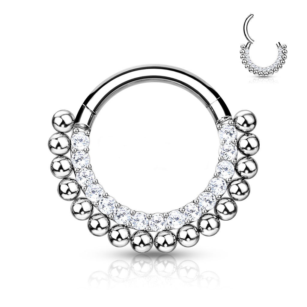 Hinged Segment Hoop Ring Lined With Pave CZs and Beads
