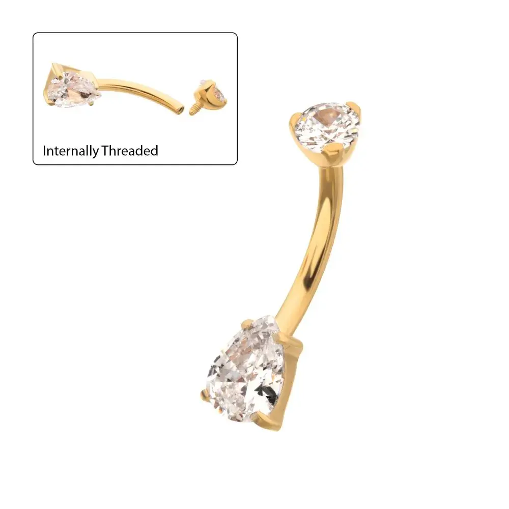 24Kt Gold PVD Titanium  Double Gem with Prong Set Teardrop Navel
