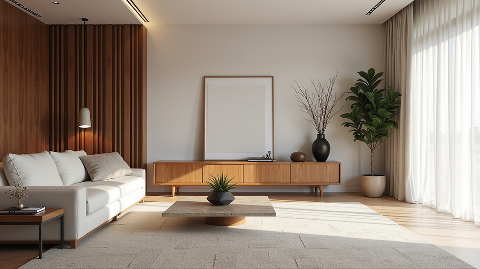 Eye-level view of a modern living room with teak wood furniture and marble accents
