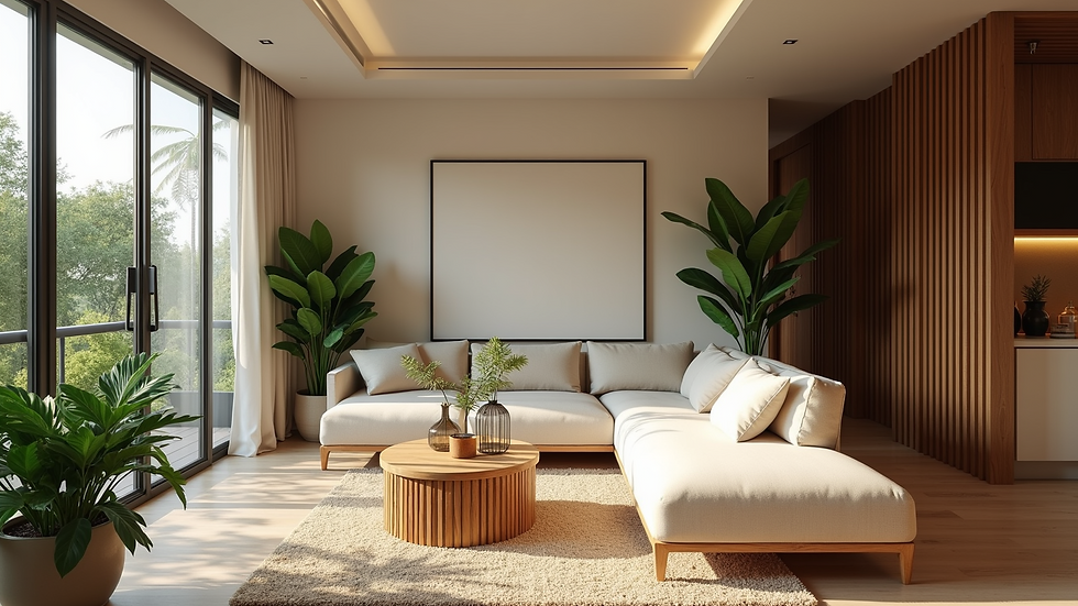 High angle view of a tropical contemporary condo living area with natural materials and indoor plants