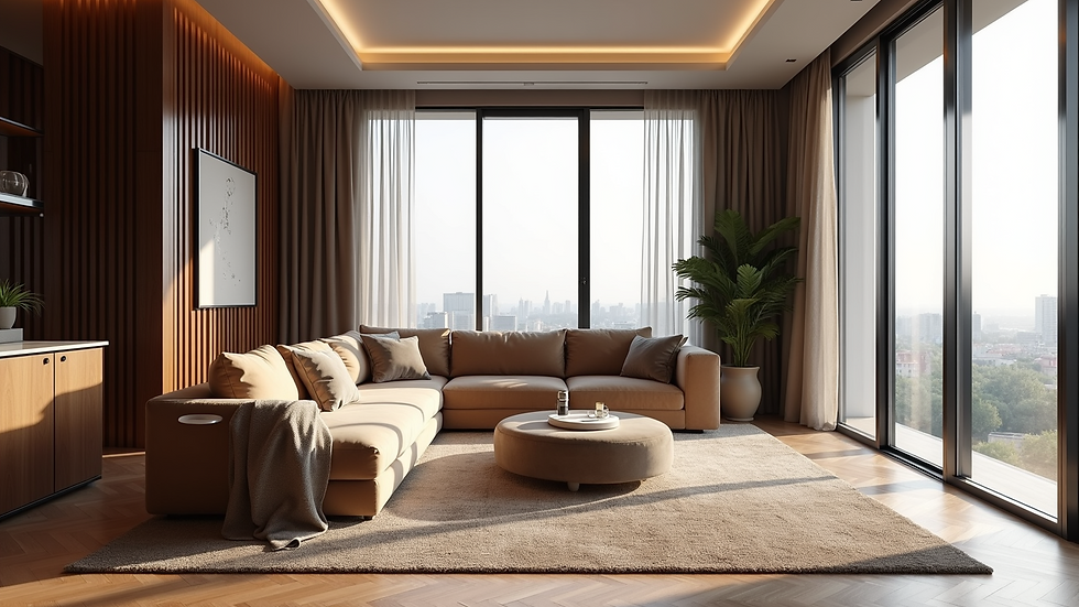 Eye-level view of a luxurious condo living room with velvet sofa and floor-to-ceiling windows