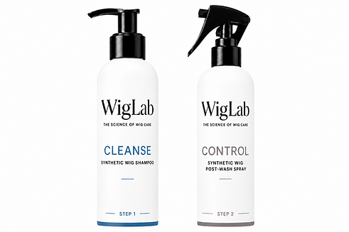 WigLab CLEANSE Synthetic Wig Shampoo, step one, and WIGLAB CONTROL Synthetic Wig Post-Wash Spray, step two.