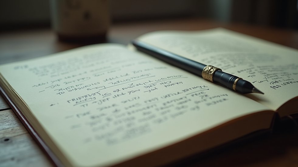 Close-up of a notebook with handwritten notes mixing fantasy and horror ideas