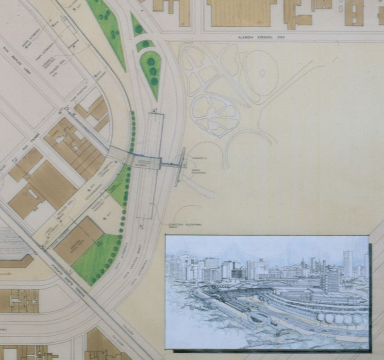 Planta e perspectiva aérea: seção parque municipal. Fonte: Acervo pessoal do arquiteto (1989)