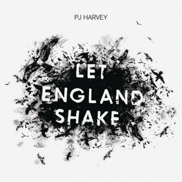 Album cover for PJ Harvey’s Let England Shake, featuring a blurred photograph of a church interior with stained-glass windows.