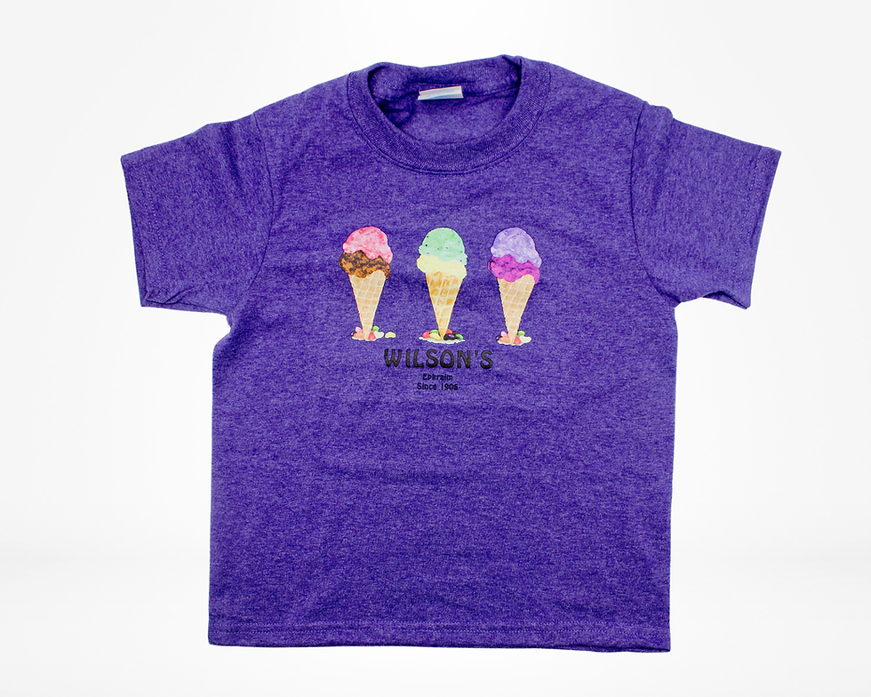 Thumbnail: Front of youth sized Purple t-shirt with Wilson's Tri-cone logo (The logo has 3 ice cream cones with pink and brown, green and yellow, purple and brown ice cream scoops.  Text below the graphic reads Line 1"Wilson's,” Line 2 “Ephraim”, Line 3 “Since 1906" .