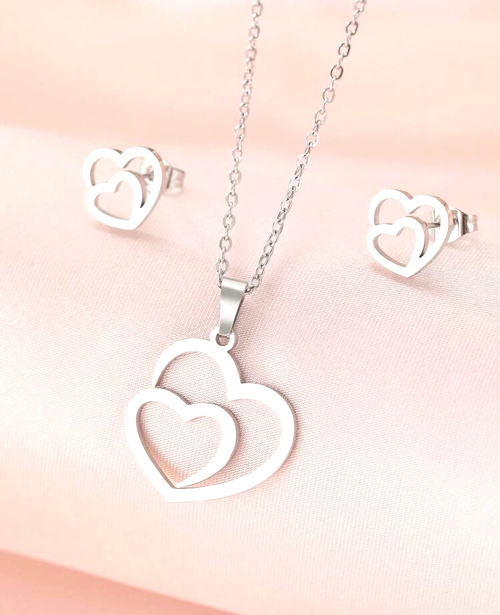 Thumbnail: LCNECK-8058177 - Stainless Steel Necklace & Earrings Set  With Hollow Out Double