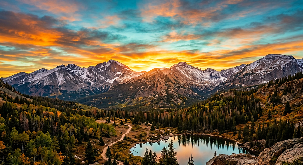 Sunset over snow-capped mountains and an alpine lake showing all the service areas we service drains