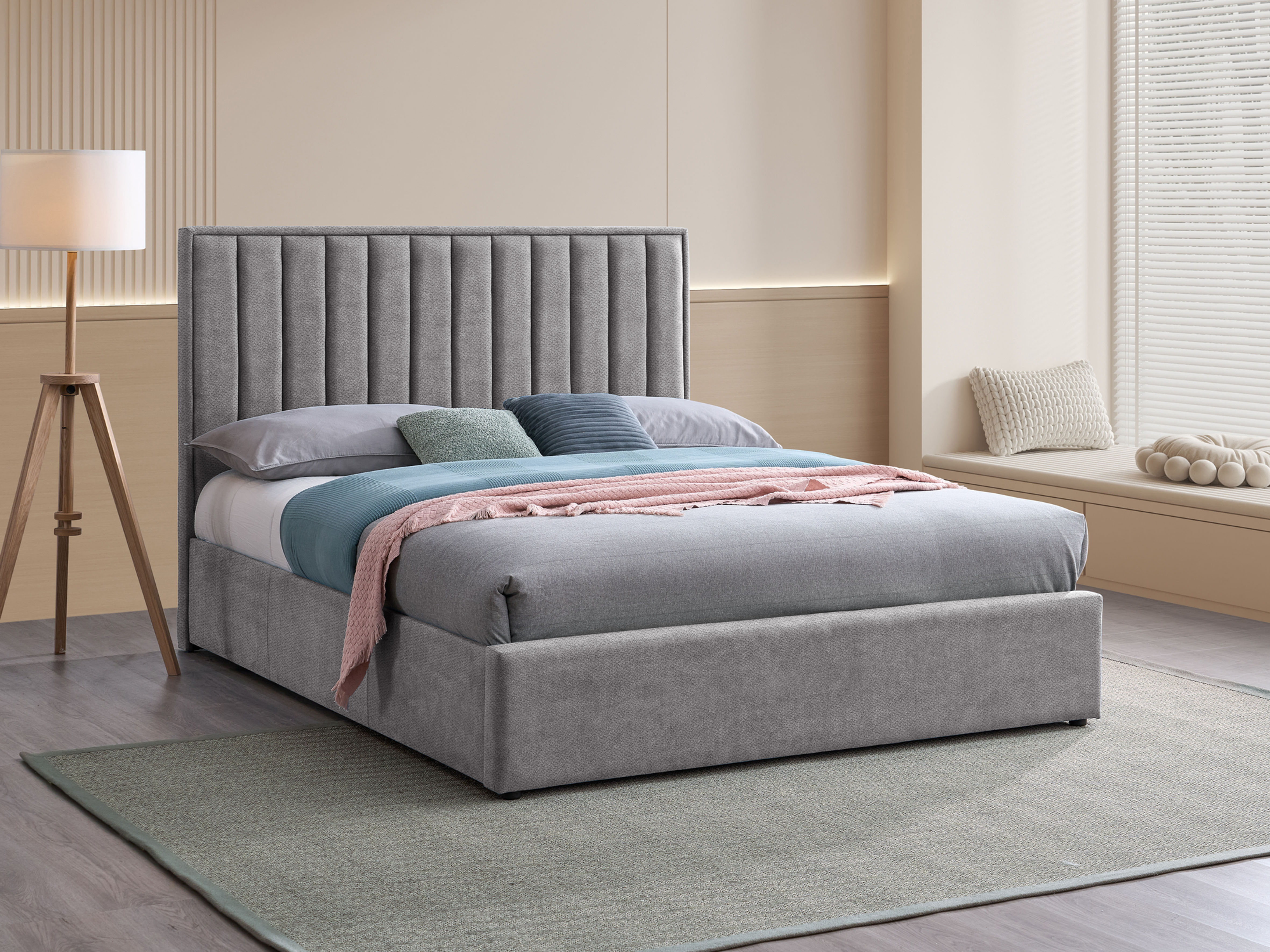 "June" Platform Bed in Grey Fabric