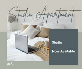 Social media post featuring  a laptop on a white and tan bed with slate rectangular section to promote apartment units