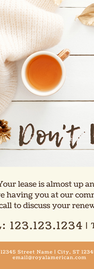 Renewal flyer with cozy blanket, leaves, and cup of tea on a white wooden plank background
