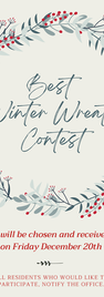 Winter wreath contest flyer on a cream background featuring a water color illustration of a green pine wreath with red berries interwoven throughout
