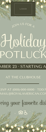 Winter holiday potluck flyer with soft green background and bordered on the top and bottom with pine leaves scattered with white fairy lights